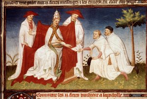 Os irmãos Nicolo e Matteo Polo, tio e pai de Marco Polo (1254-1324) entregaram ao Papa Gregoire X uma carta de Qubilai (Kubilai Khan, primeiro imperador da dinastia mongol Yuan (1215-1294) Miniatura tirada de "O Livro das Maravilhas" ("World Devise