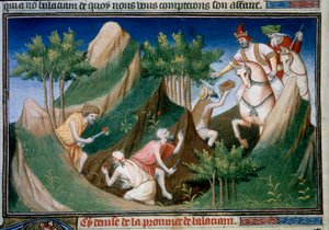 Extracção de rubis da montanha de Sighinan por ordem do rei de Badakhchan (região da Pérsia) Miniatura tirada de "O Livro das Maravilhas" ("Desvio do Mundo", "Il Milione") de Marco Polo (1254-1324) ilustrado pelo Mestre de