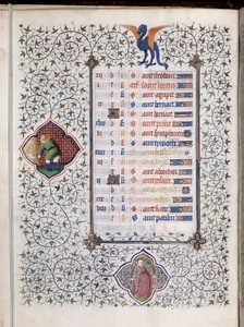 Página de manuscrito "Les Tres Riches Hours du Duke François de Guise", sinais decorativos do zodíaco e representação do trabalho agrícola, a colheita. Miniatura do Mestre de Boucicaut de (and workshop) Boucicaut Master