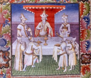 A cena da refeição na mesa do Grande Khan na Miniatura Land Cathay em "O Livro das Maravilhas" ("O Desvio do Mundo", "Il Milione")", manuscrito fr.2810 (fólio 136) iluminado pelo Mestre de Boucicaut e escrito por Marco Polo, Marco (125