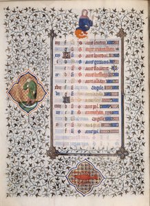 Página do manuscrito "Les Tres Riches Hours du Duke François de Guise" iluminado pelo Mestre de Boucicaut: representação dos signos do zodíaco e cenas da vida quotidiana: o cancro e um homem com uma foice. Século XV. Musee Conde, Chantilly de (and workshop) Boucicaut Master