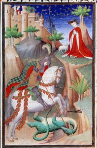 Página do manuscrito "Les Tres Riches Hours du Duke François de Guise" iluminado pelo Mestre de Boucicaut: representação de São Jorge e do Dragão. Século XV. Musee Conde, Chantilly
