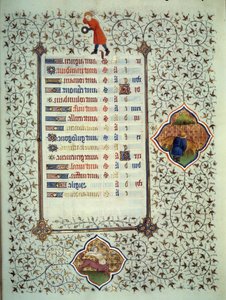 Página do manuscrito "Les Tres Riches Hours du Duke François de Guise" iluminado pelo Mestre de Boucicaut: representação dos signos do zodíaco e cenas da vida quotidiana: o sagitário e um criador de rabo de cauda. Século XV. Musee Conde, Chantil de (and workshop) Boucicaut Master