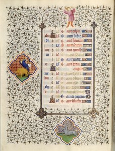 Página do manuscrito "Les Tres Riches Hours du Duke François de Guise" iluminado pelo Mestre de Boucicaut: representação dos signos do zodíaco e cenas da vida quotidiana: o capricórnio e a caça ao javali. Século XV. Musee Conde, C de (and workshop) Boucicaut Master