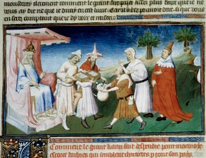 Qubilai (Kubilai Khan, primeiro imperador da dinastia Yuan mongol (1215-1294) paga as suas compras com moedas de casca de árvore em miniatura retiradas do "Livro das Maravilhas" de Marco Polo ("World Devisement", "Il Milione") ilustrado pelo Mestre de Bouc