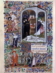 Cena de cerimônia funerária e dança macabra Miniatura tirada do "Livro de Horas para o Uso de Paris" iluminado pelo Atelier du Maitre d Boucicaut, aproximadamente 1415. Paris, B.N.