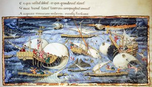Navios à vela, ilustração para Aeneid, poema épico de Virgil (70-19 a.C.), miniatura atribuída a Apollonio di Giovanni (1415-1465) de (attr. to) Apollonio di Giovanni
