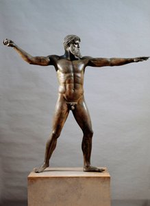 Arte grega: estátua de bronze chamada o deus da Artemisão do Cabo atribuída ao escultor Kalamis (século V a.C.), 460 a.C., Dim. 209 cm - Ateneu, Museu Nacional de Arqueologia (inv. 15161) - Civilização grega: estátua (muitas vezes chamada Deus do Mar) de Z de (attr. to) Kalamis