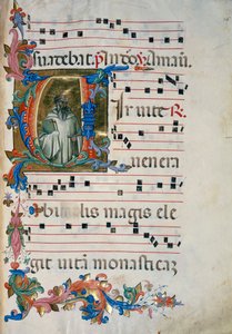 Inicial iluminada com a figura de San Romualdo (Corale 8, c. 76), para o livro coral 8 de Santa Maria degli Angeli
