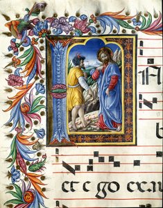 Lettrina decorativa representando a tentação de Cristo Miniatura por Liberale da Verona (1445-1529) de um coro (Cod. 20/5. c.45v) da catedral de Siena. Catedral do século XV (Duomo) de Siena, Itália de (c.1445 1527) Liberale da Verona