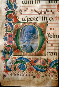 Lettrina com representação de Aeolus, o guardião dos ventos. (Miniatura de (c.1445 1527) Liberale da Verona