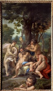 Alegoria dos vícios Um sátira rodeado de músicos femininos. Pintura de Antonio Allegri dit Le Correge (Il Correggio) (1489/1494-1534) Sol do século XVI. 1,48x0,88 m