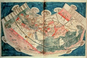 Mapa do Mundo baseado em uma descrição de Ptolemaeus (aquarela) de (c.90 168)(after) Ptolemy