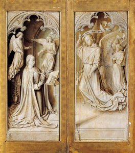 Anunciação em grisaille (cinza monocromático), asas exteriores do tríptico (ca. 1489-1502) pelo Mestre de Moulins, na Catedral de Notre-Dame, Moulins, França. de (fl.c.1483 c.1529) Master of Moulins
