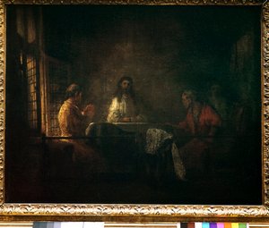 Os peregrinos de Emaús Cristo aparecem aos peregrinos sentados à mesa em uma pousada em Emaús. Pintura da oficina de Harmensz van Rijn dit Rembrandt (1606-1669)