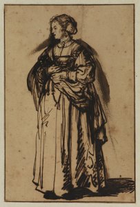 A mulher do artista, Saskia, de pé e com flores nas mãos de (workshop of) Rembrandt Harmensz. van Rijn