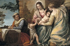 Madonna e criança com Santa Isabel, o infante São João Batista e Santa Justina, 1565-70 de Paolo Veronese