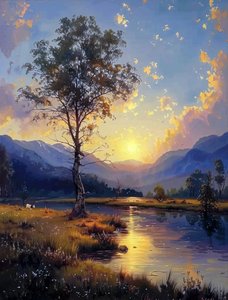Beleza do pôr do sol a transformar-se em noite sobre tela Pintura digital Decoração de parede de F. Abderrahim