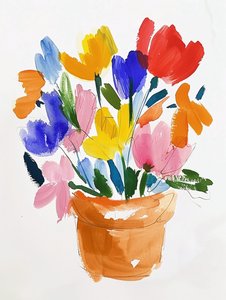Flores coloridas em aguarela num vaso | impressões botânicas de arte de parede de F. Abderrahim