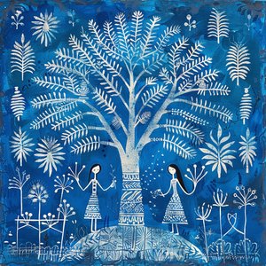 Pintura com padrão ingénuo: mulheres debaixo de uma árvore em azul | decoração de parede de F. Abderrahim