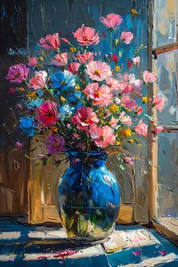 Pintura a óleo de um ramo de flores cor-de-rosa e azuis desarrumadas, decoração de parede com moldura de F. Abderrahim