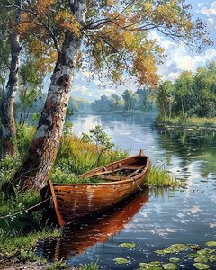 Uma feluca num lago calmo e arborizado, decoração de parede para o quarto de F. Abderrahim