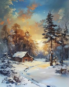 Cabana no meio de uma floresta e neve, decoração de parede com paisagem de inverno de F. Abderrahim