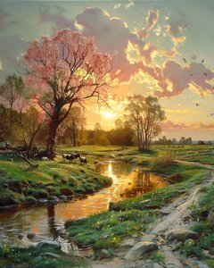 Bela paisagem ao pôr do sol, tela para decoração de parede Paisagem moderna de F. Abderrahim