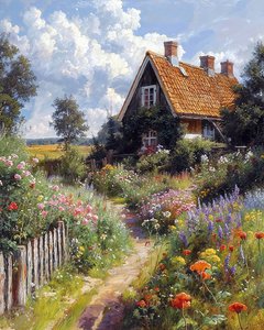 Casa bonita, jardim de flores, paisagem botânica, impressões em tela de F. Abderrahim