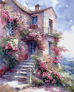 Casa rodeada de plantas trepadeiras com flores vermelhas e cor-de-rosa de F. Abderrahim
