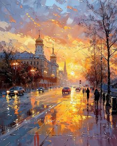 Pessoas a caminhar na rua ao nascer do sol sob a chuva que cai, Decoração de parede para venda de F. Abderrahim