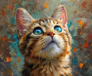 Um gato giro com olhos azuis a olhar para cima, rosto de animal em grande plano, decoração de parede de F. Abderrahim
