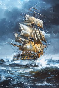 Pintura a óleo de uma fragata com velas cheias no meio das ondas de um mar agitado de F. Abderrahim