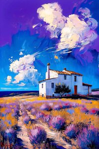 Paisagem de casa de campo, campo de lavanda, céu azul e nuvens brancas de F. Abderrahim