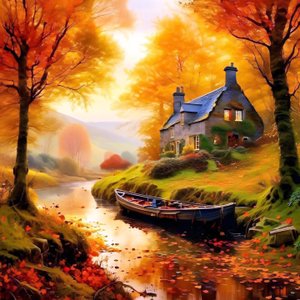 Pintura de uma cabana no bosque com um riacho, paisagem de outono de F. Abderrahim
