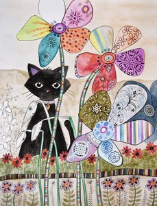 Gato atrás de flores