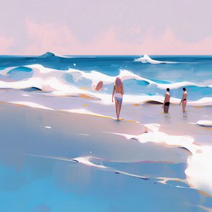 Pessoas na praia Aquarela minimalista com ondas, decoração de parede para venda de F. Abderrahim