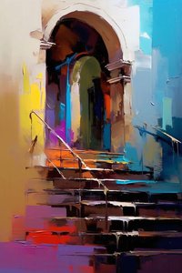 Composição arquitetónica abstrata, pintura impressionista, decoração de parede de F. Abderrahim