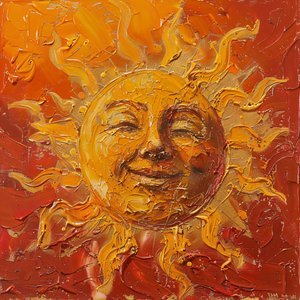 Um sol rechonchudo pintado sobre um fundo vermelho e velado, impressões de arte em tela de F. Abderrahim