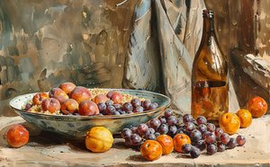 Uma natureza morta, frutas e garrafa de vinho, pintura a pincel, Decoração de parede para venda de F. Abderrahim