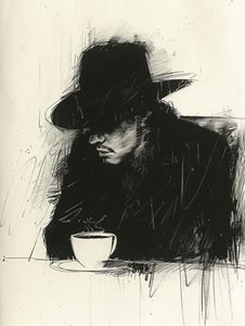Esboço minimalista preto de um homem a beber café, decoração de parede | impressão a pedido de F. Abderrahim