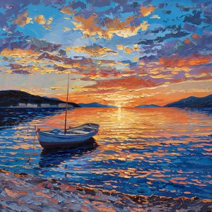 Barco no rio ao pôr do sol Bonito, Dalmácia, Croácia Óleo sobre tela, decoração de parede para venda de F. Abderrahim