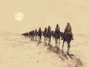 Desert Sun Procession Minimalist Single-Line Sketch, decoração de parede para venda de F. Abderrahim