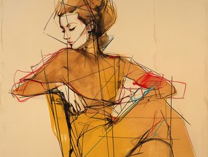 Ilustração de moda e desenho de uma mulher sentada, Retrato com vestido castanho elegante, impressões digitais de F. Abderrahim