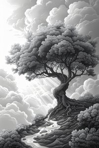 Formação rochosa majestosa, portal natural, tempestade dramática e árvore, decoração de parede emoldurada, de F. Abderrahim