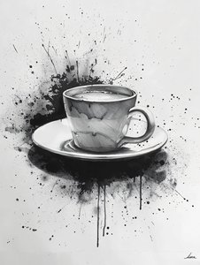Cena noir minimalista de uma linha com realces de manchas de café, impressões de arte online de F. Abderrahim