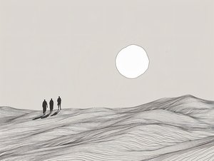 Esboço minimalista, homens a caminhar numa procissão de sol no deserto, impressões de arte online de F. Abderrahim