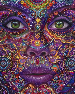 Mulher psicadélica com rosto colorido Padrões espirituais e de mandala, impressões de arte em tela de F. Abderrahim
