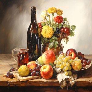 Pintura de natureza morta, flores, frutos e vinho, impressões de decoração de parede de F. Abderrahim