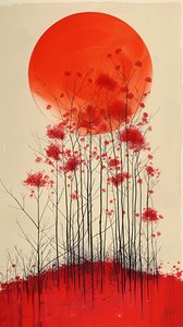 Pôr do sol numa colina de flores vermelhas pintura, parede vertical Decoração para venda de F. Abderrahim